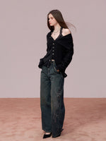 Retro Blue Studded Letter Wide-Leg Jeans
