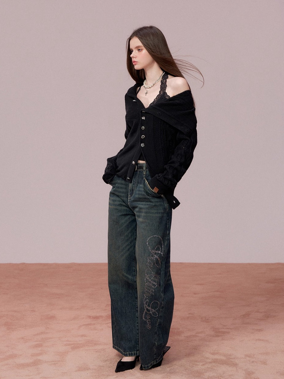Retro Blue Studded Letter Wide-Leg Jeans