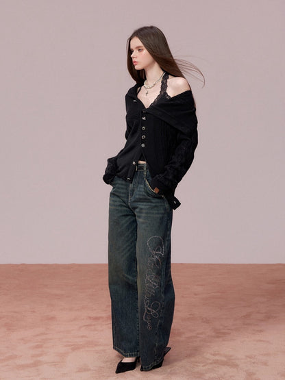 Retro Blue Studded Letter Wide-Leg Jeans