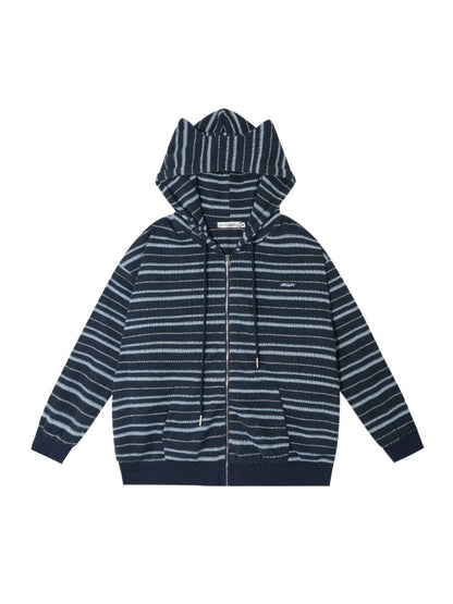 Striped Cat-Ear Hooded Jacket