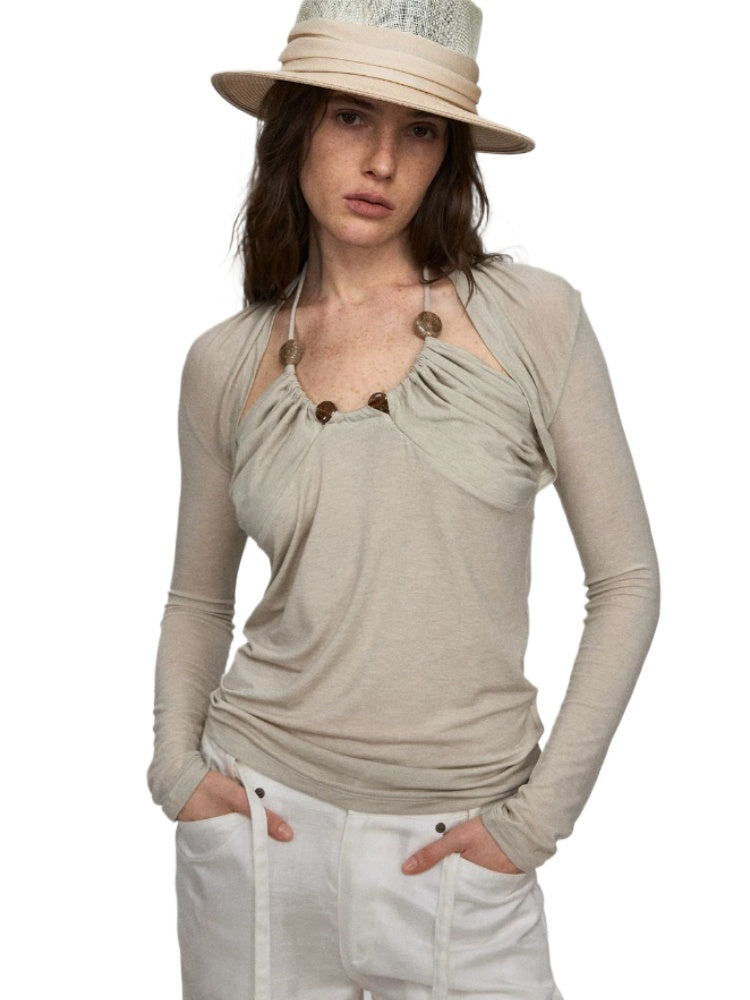 Lyocell Wool Pleated Beaded Tee