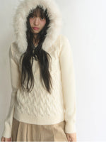 Fur-Trimmed Hooded Toggle Cable-Knit Sweater