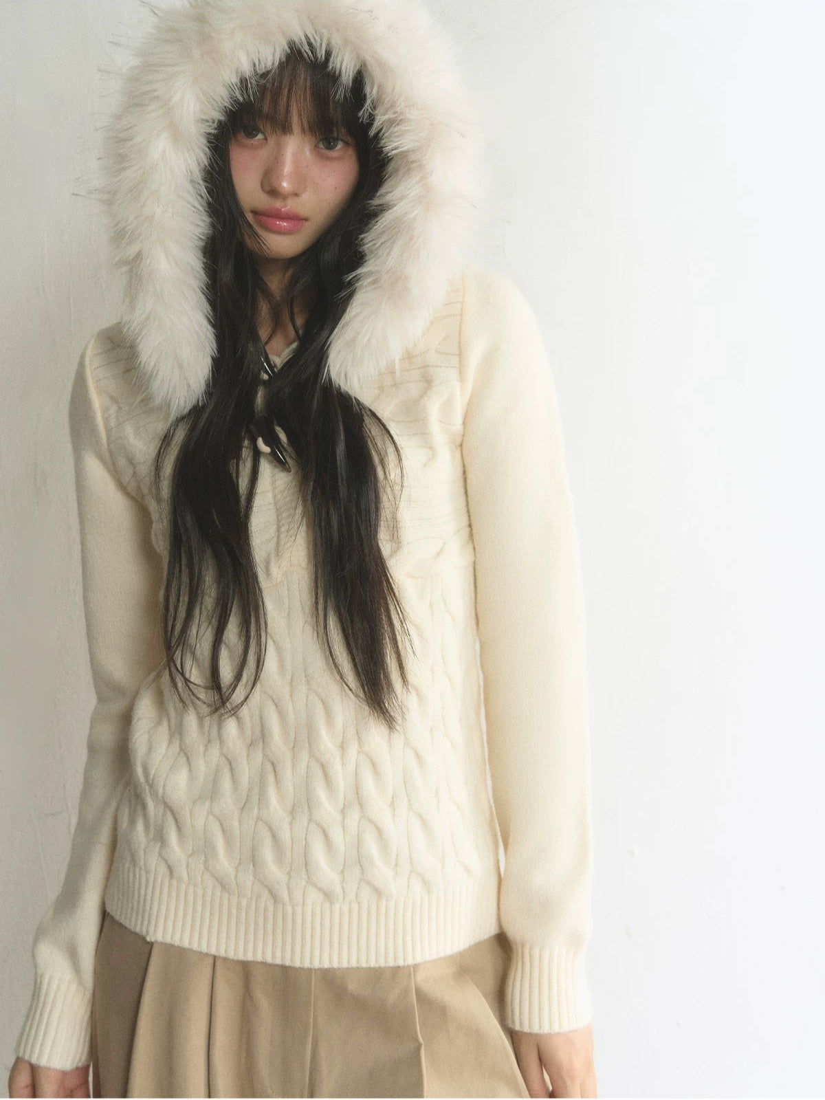 Fur-Trimmed Hooded Toggle Cable-Knit Sweater