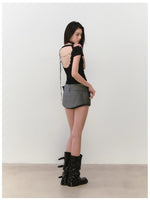 Acetate Lace Backless Beaded Short-sleeve T-shirt