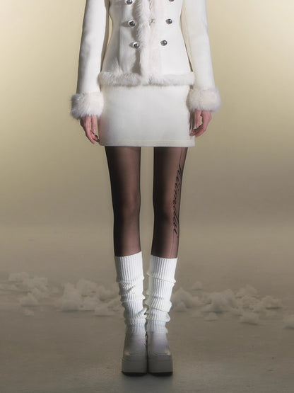 Faux Fur Double-Breasted Waist-Coated Jacket &amp; Skirt Set