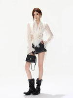 French Lace Chiffon Tie Waist Blouse