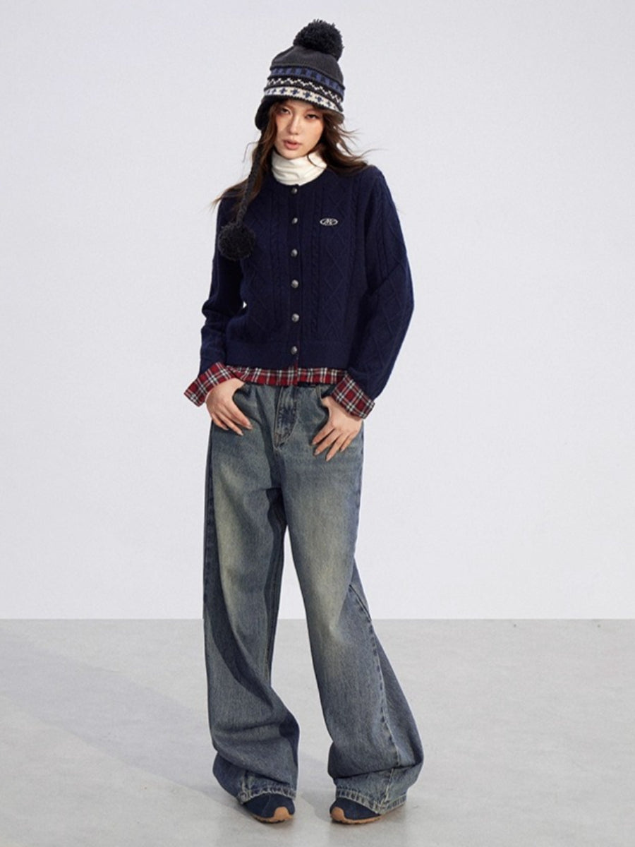 Plaid Trim Knit Cardigan