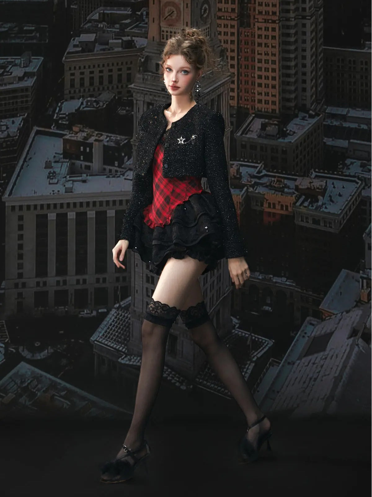 Red Plaid Lace Puff Dress Set