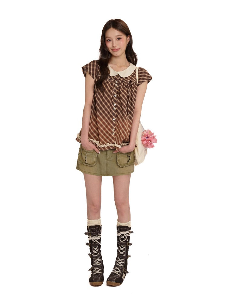 Brown Checkered Velvet Strap Dress Shirt &amp; Cardigan Set