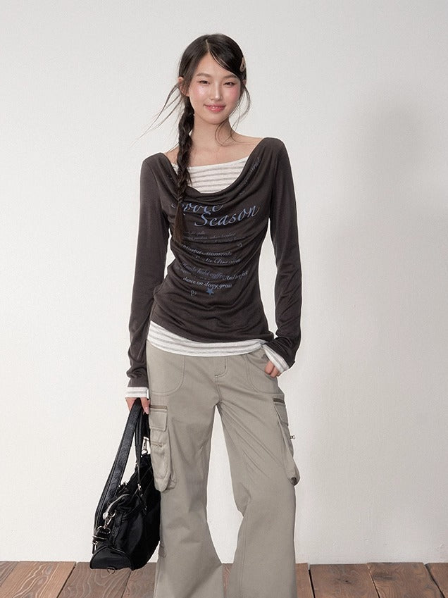 Blue &amp; Gray Printed Draped Long-Sleeve T-shirt