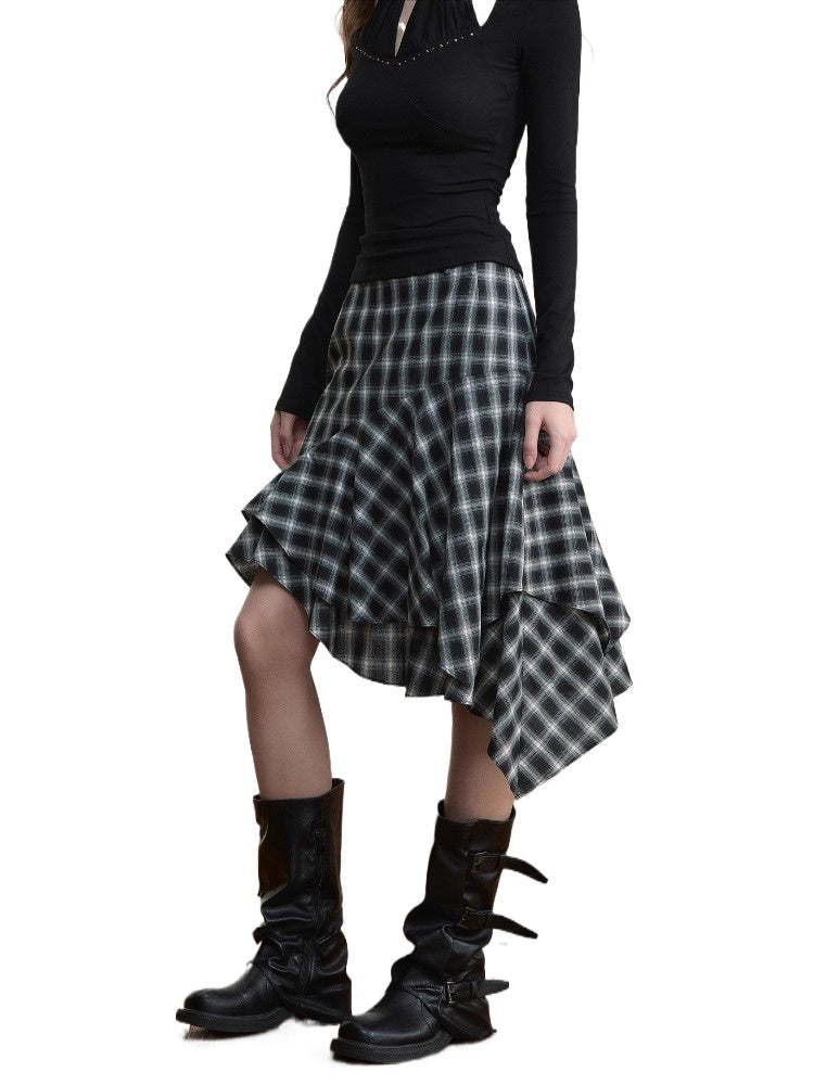 Asymmetric Plaid Midi Skirt