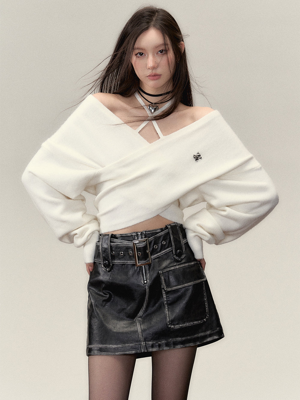 Grey &amp; White Off-shoulder Knitted Wool Sweater