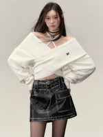 Grey & White Off-shoulder Knitted Wool Sweater
