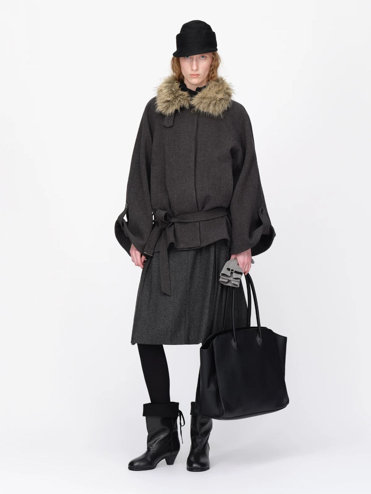 Wool Belted A Line Pleated Skirt