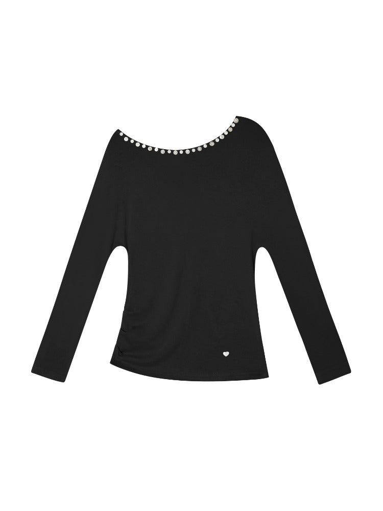 Off-Shoulder Pearl-Button Long-Sleeve T-Shirt