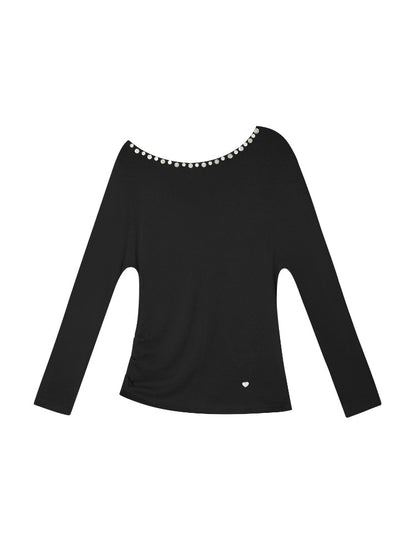 Off-Shoulder Pearl-Button Long-Sleeve T-Shirt