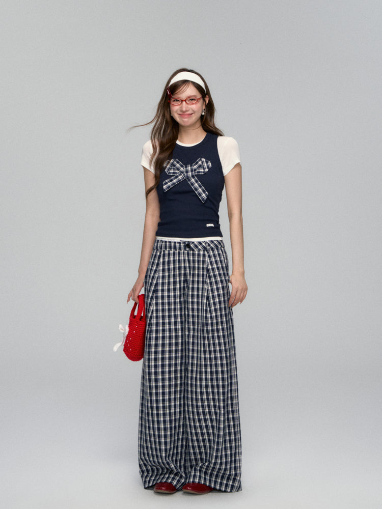 White Waistband Spliced Plaid Trousers