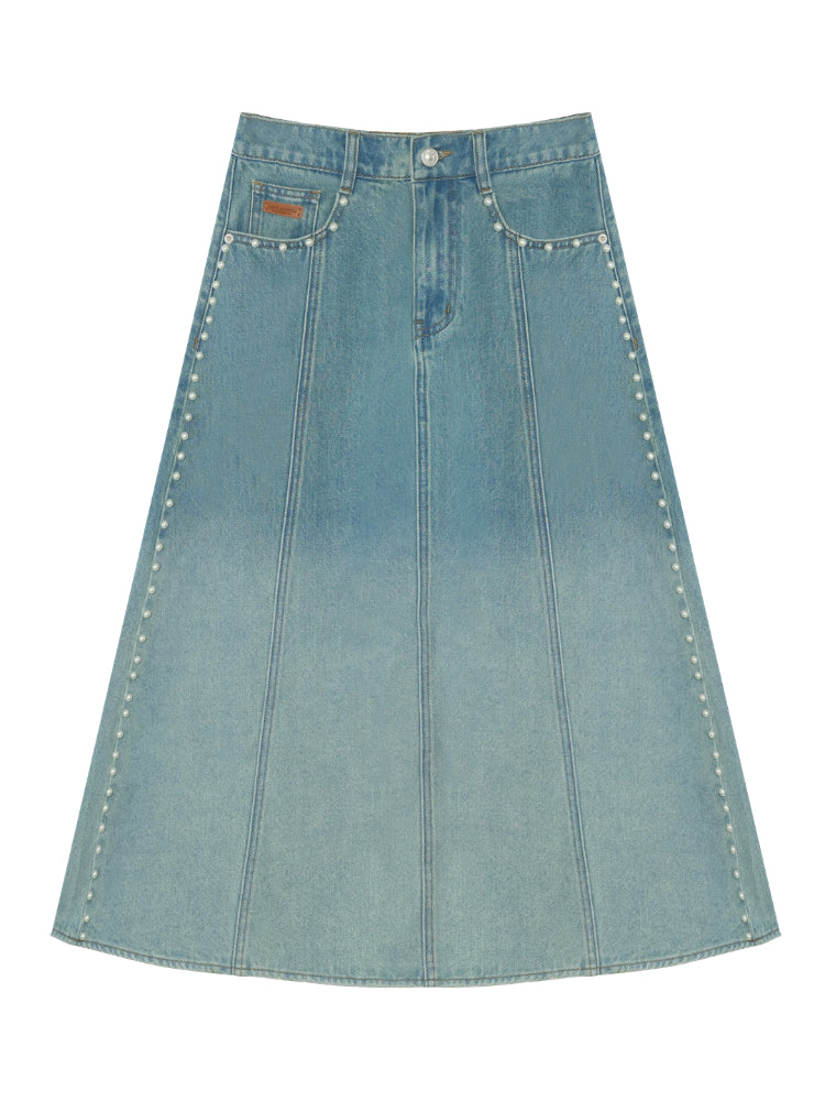 Beaded Washed Gradient Denim Skirt
