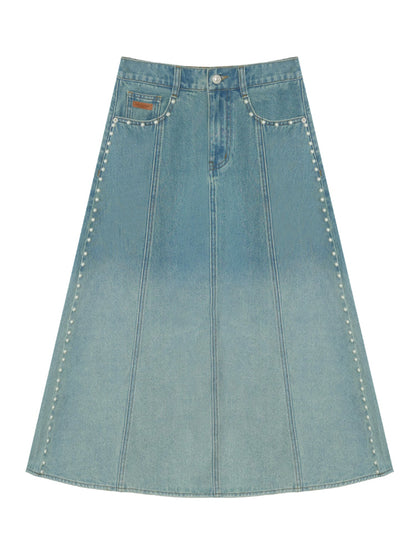 Beaded Washed Gradient Denim Skirt