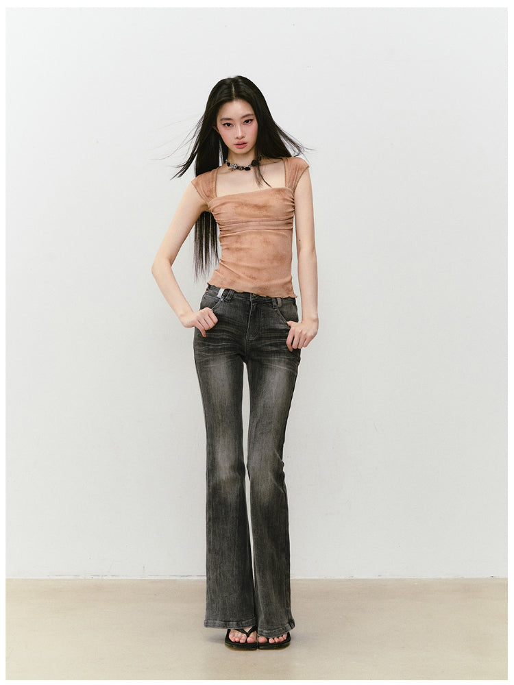 Color-Block Washed Flared Jeans