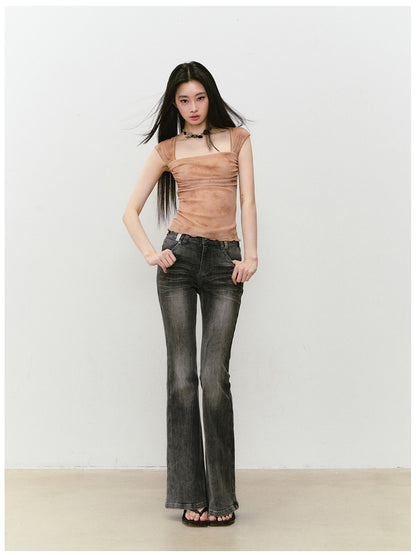 Color-Block Washed Flared Jeans