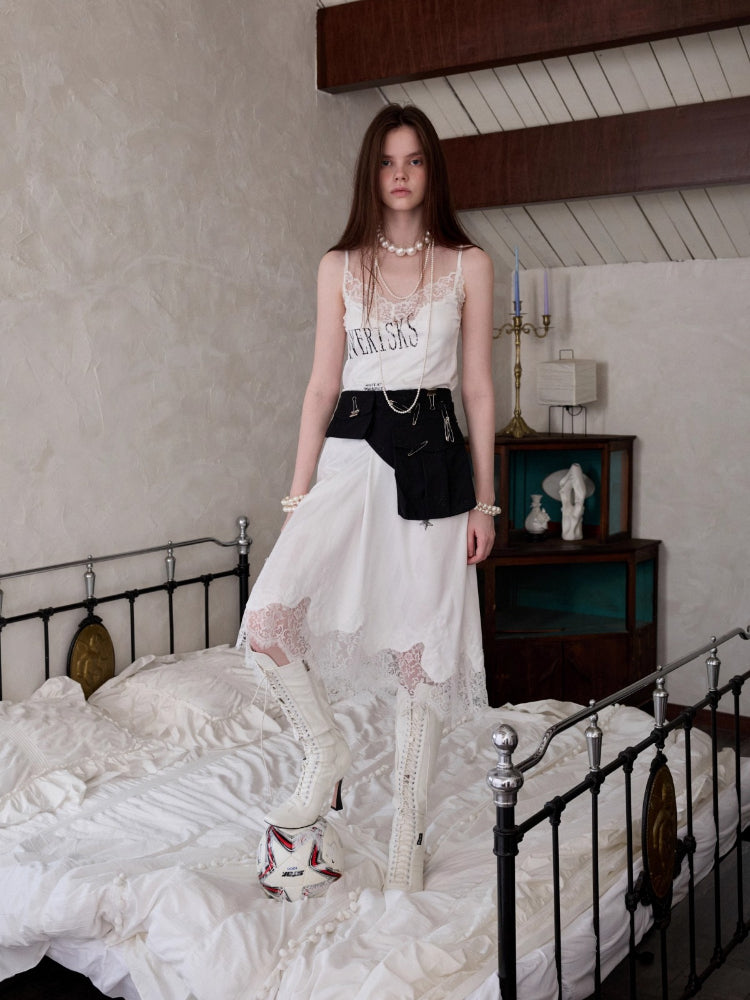 Satin Letter Print Spliced Lace Slip Midi Dress