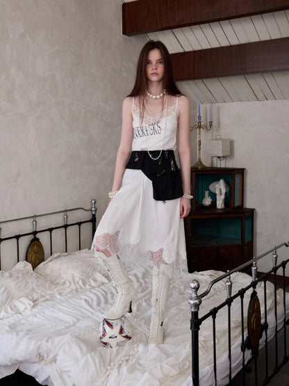 Satin Letter Print Spliced Lace Slip Midi Dress