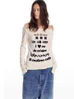 Flocked Letter Off-Shoulder Knit Top