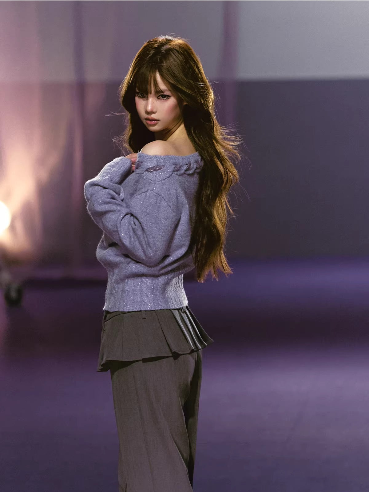 Apricot &amp; Purple Cable Knit Off Shoulder Sweater