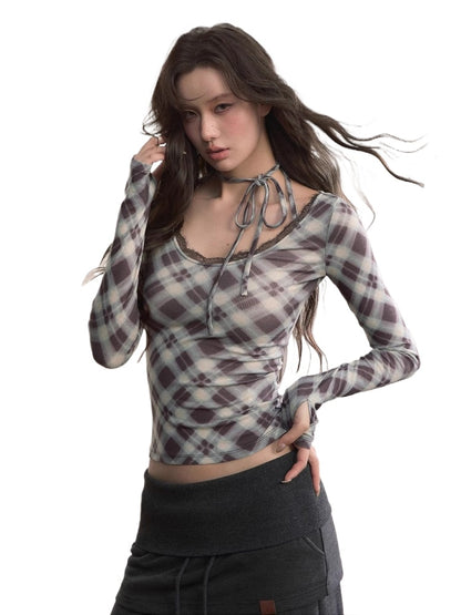 Plaid Tie-Up Neck Long-Sleeve T-shirt