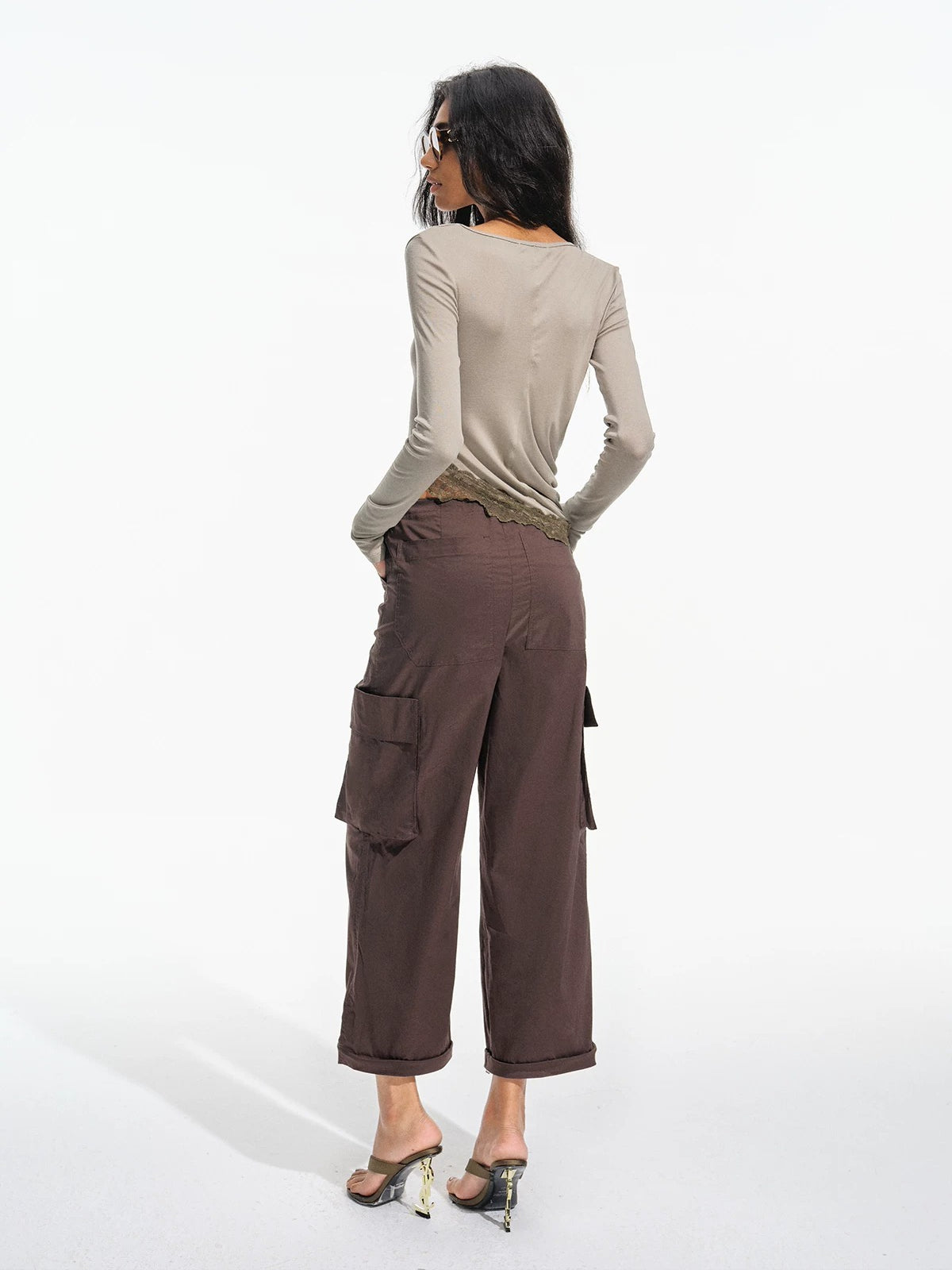 Asymmetric Lace Hem Long Sleeve Top