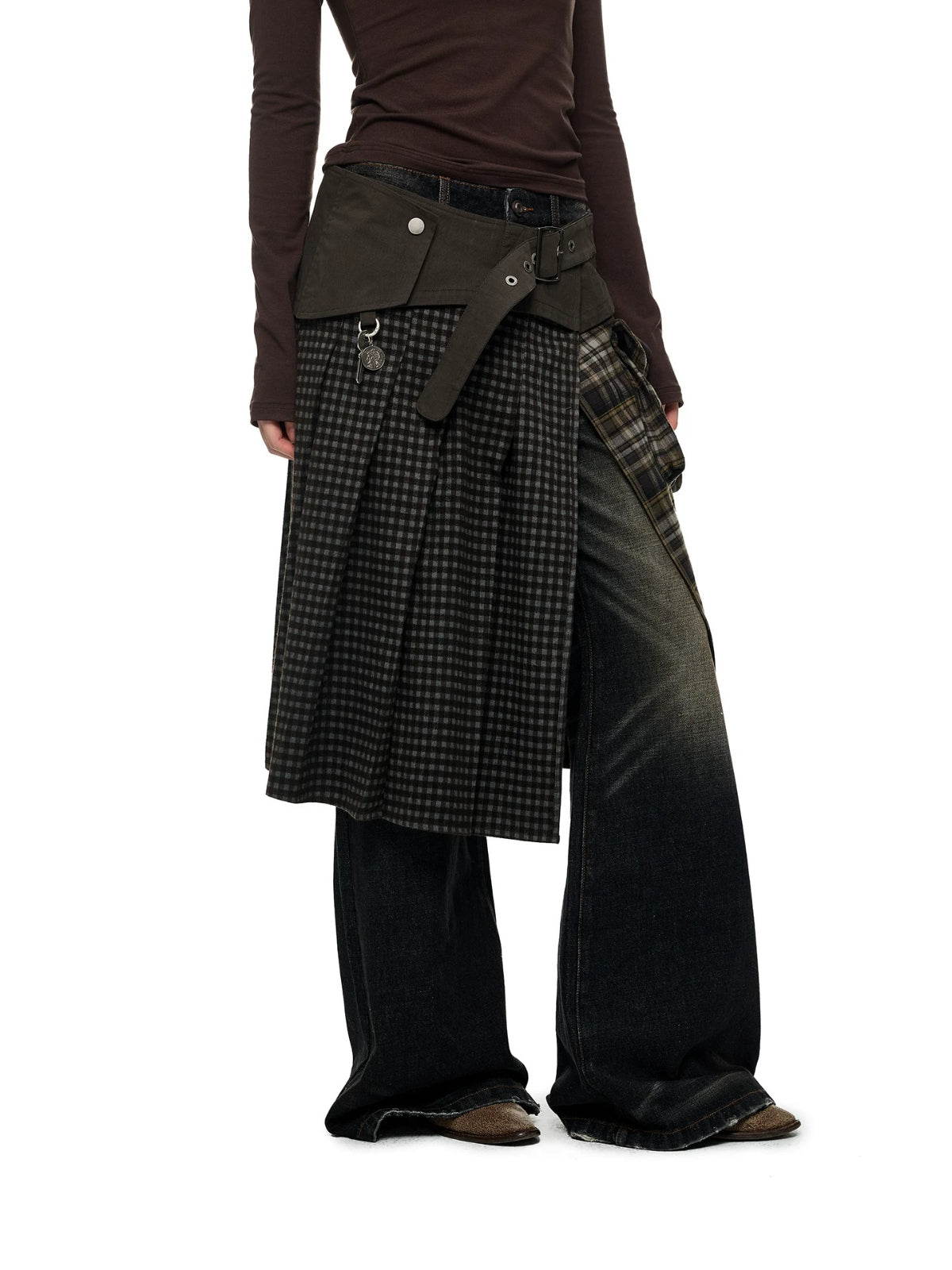 Plaid Panel Utility Midi Skirt