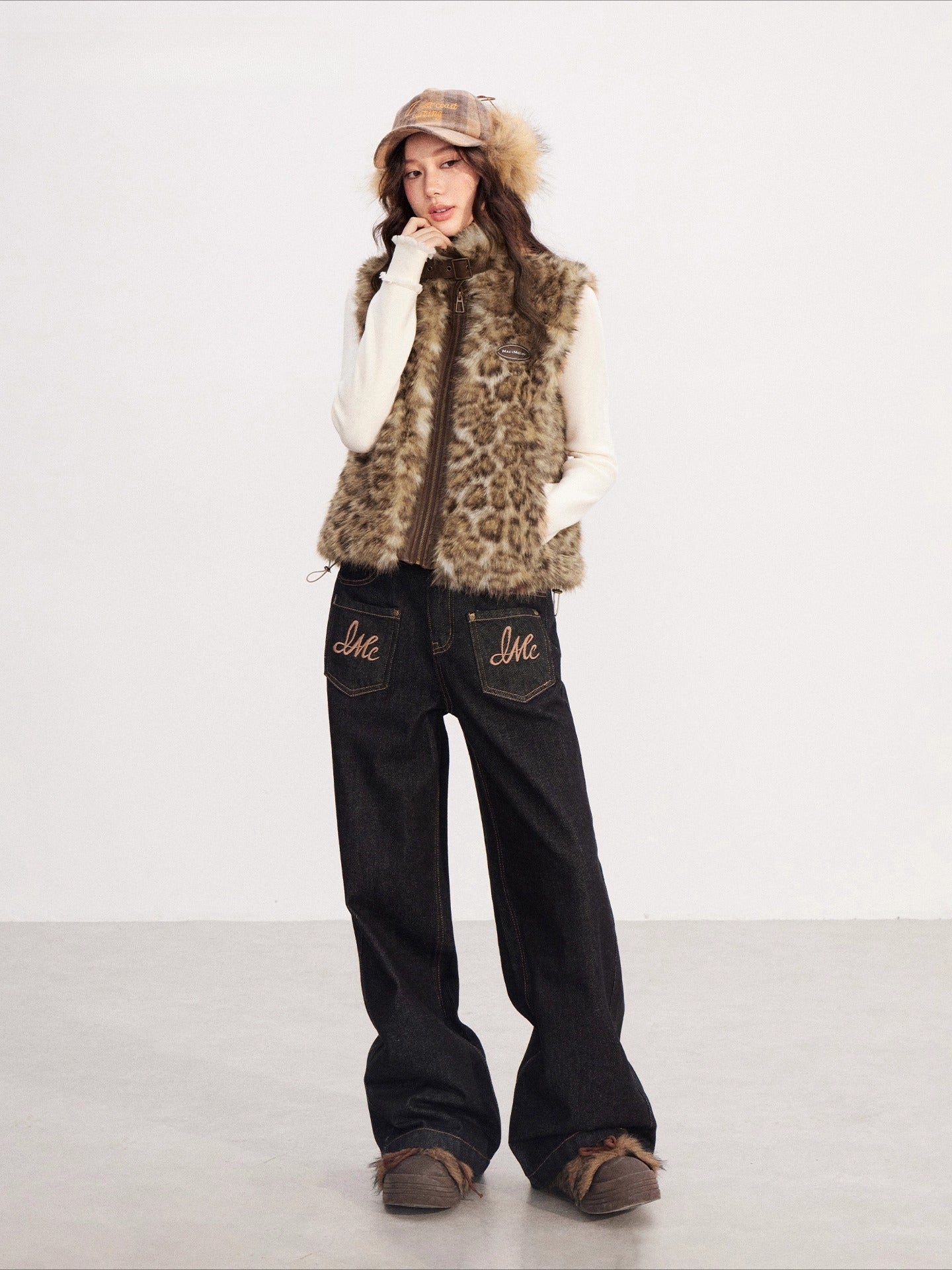 Leopard Print Spliced Faux Fur Vest