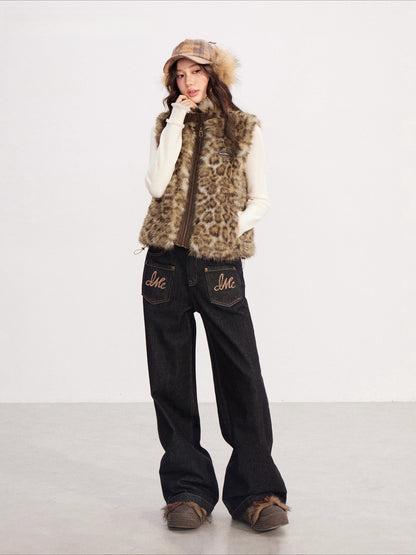Leopard Print Spliced Faux Fur Vest