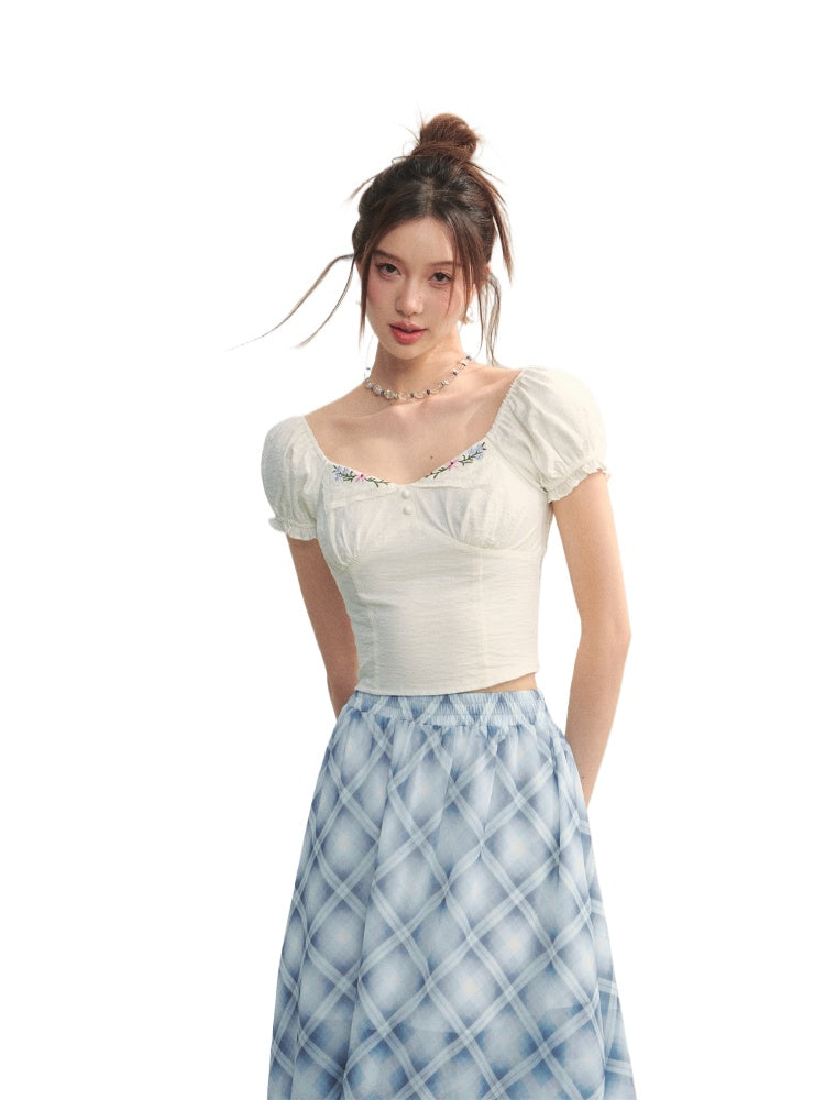 White Square Neck Embroidered Puff Sleeve Shirt