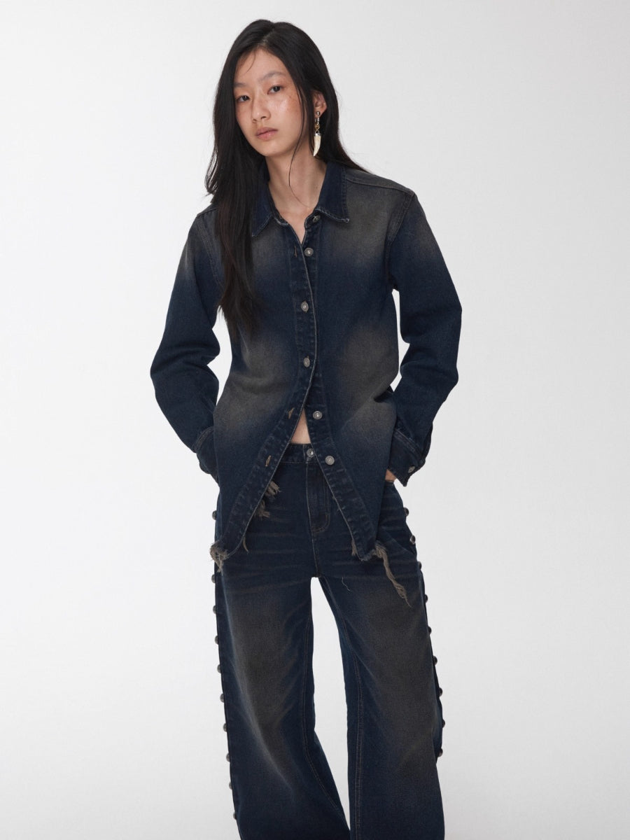 Vintage Washed Frayed-Edge Denim Shirt