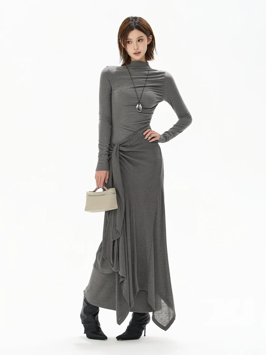 Gray Tie Detail High Neck Knit Dress