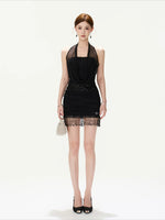 Black Sequin-Waist Halter Dress