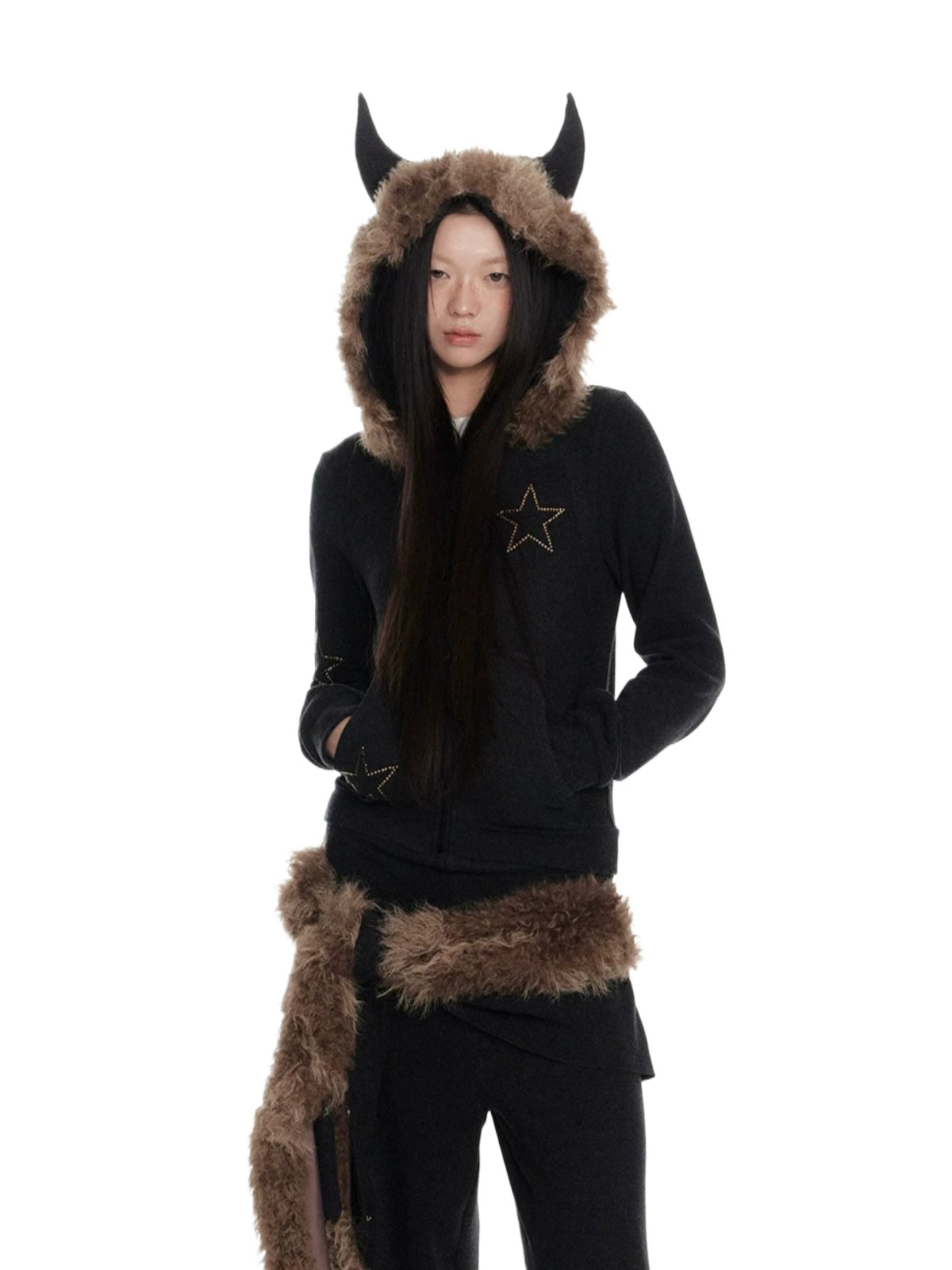 Fur Collar Hoodie &amp; Wide Pants Set