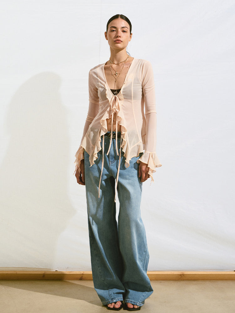 V-Neck Ruffle Mesh Overlay Top