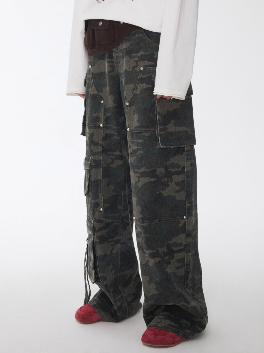 Washed Camo Multi-Pocket Cargo Wide-Leg Pants
