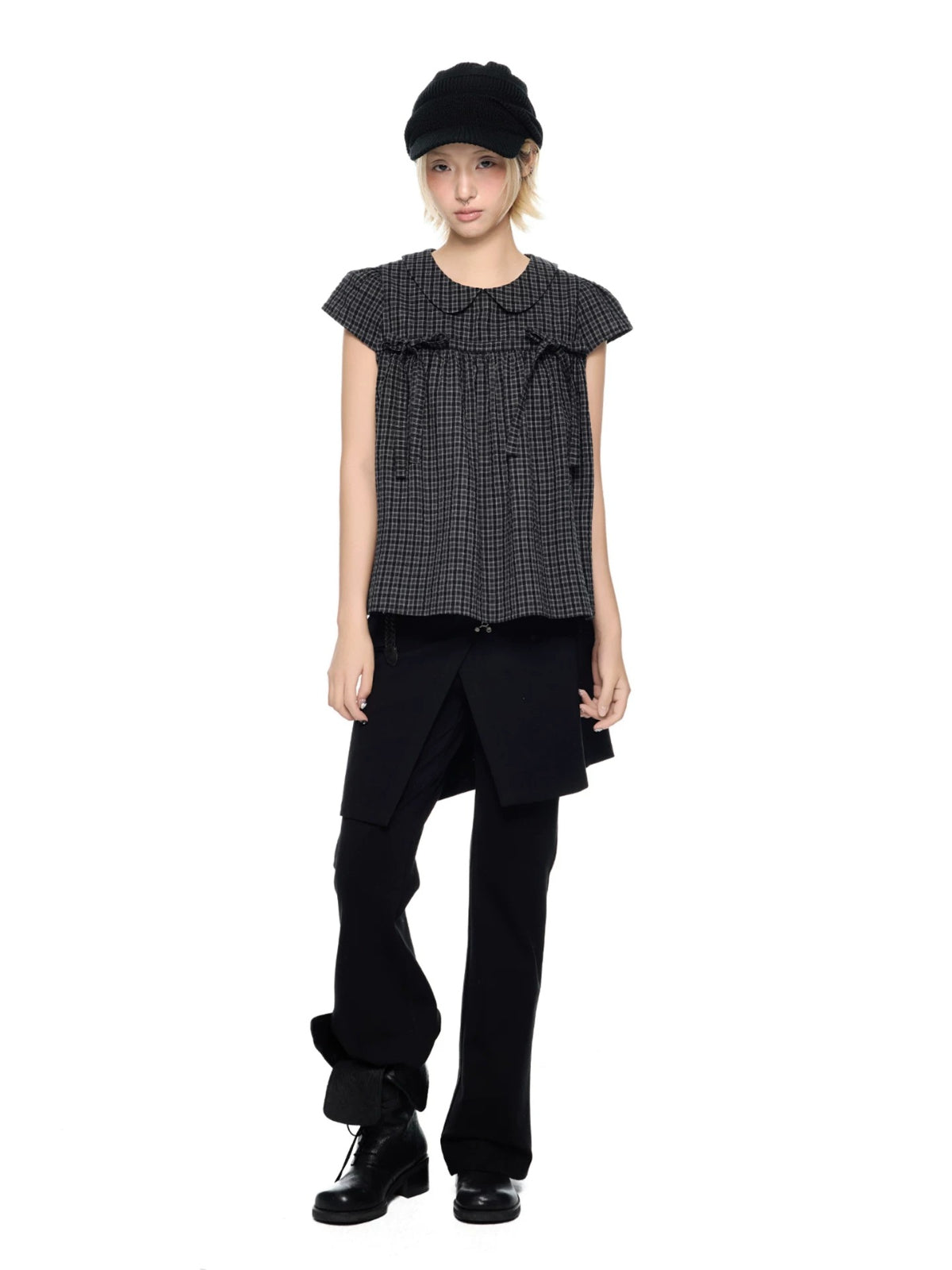 Plaid Collar Tie Blouse