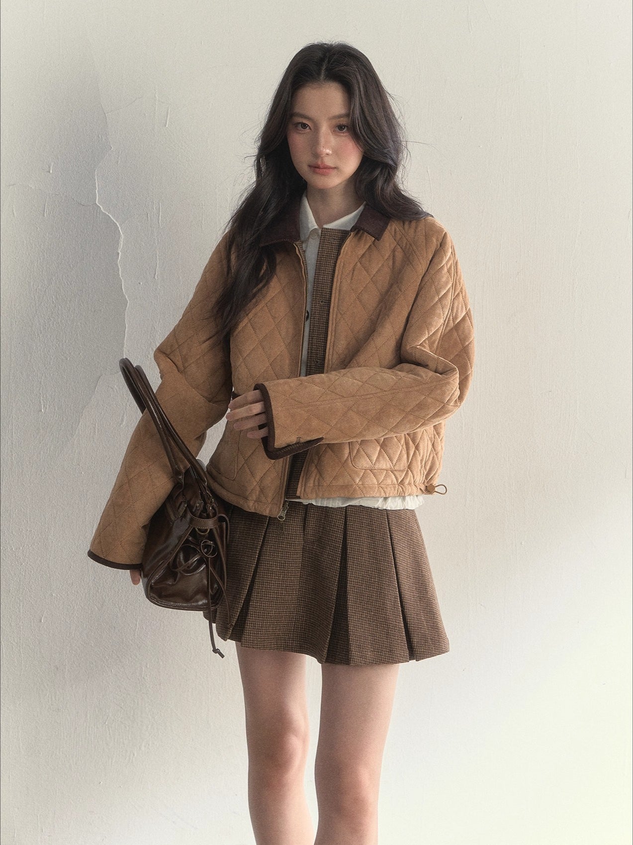 “Cerlue” Reversible Houndstooth Jacket &amp; Pleated Skirt Set