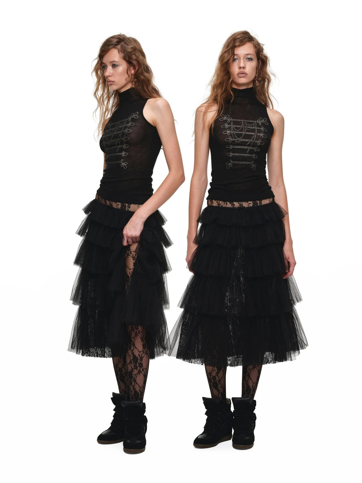 Tiered Lace Slit Midi Skirt