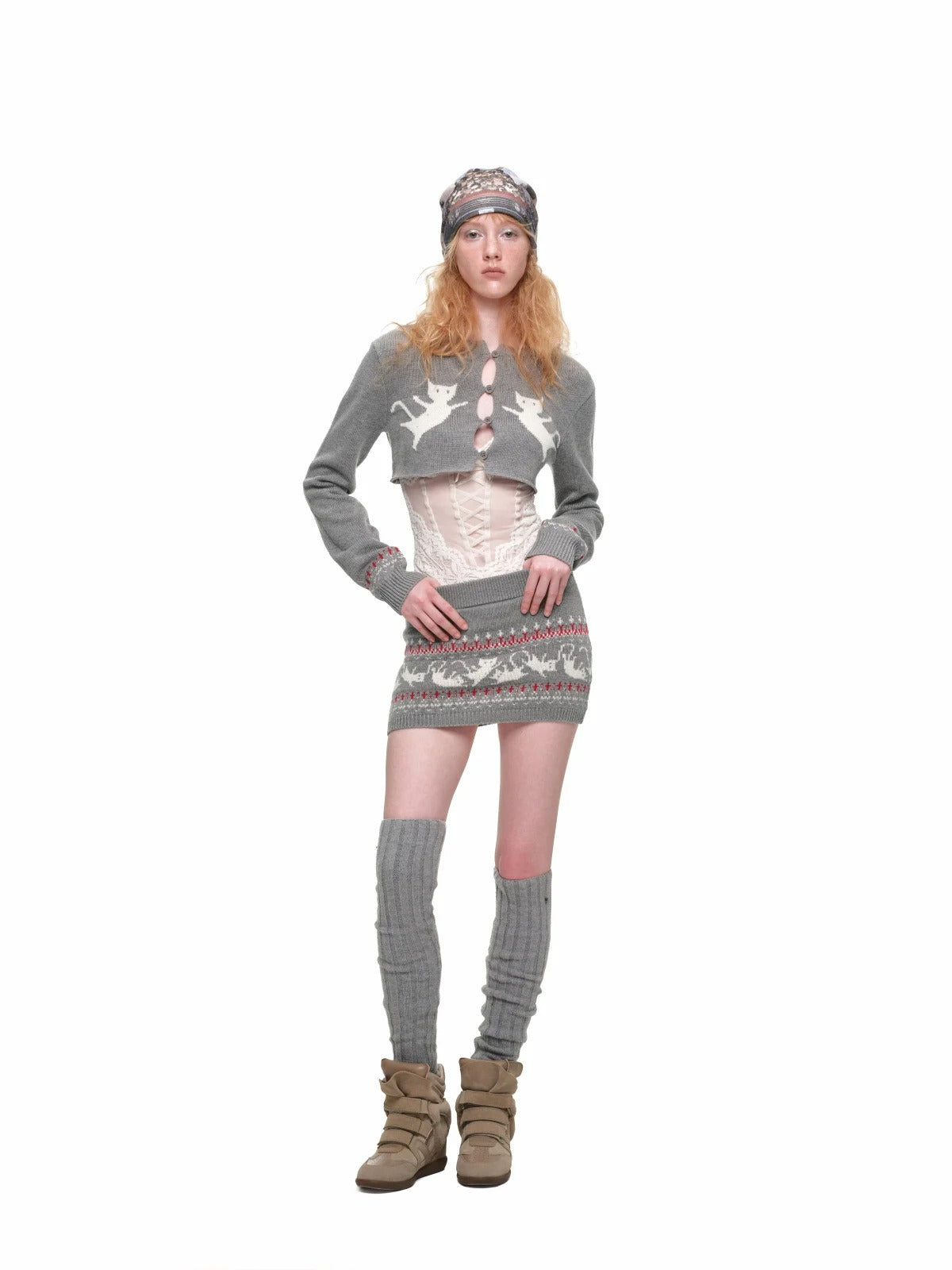 Fair Isle Jacquard Knit Cardigan &amp; Skirt Set