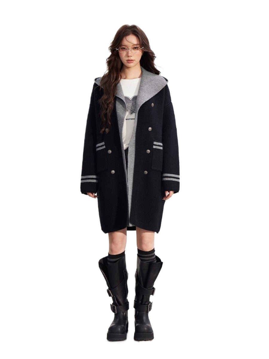 Detachable Collar Long Knit Coat