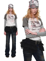 Cat Print Layered Raglan Top