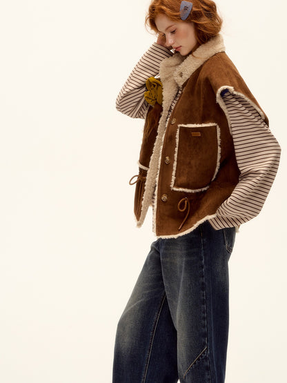 Reversible Suede Drawstring Shearling Vest