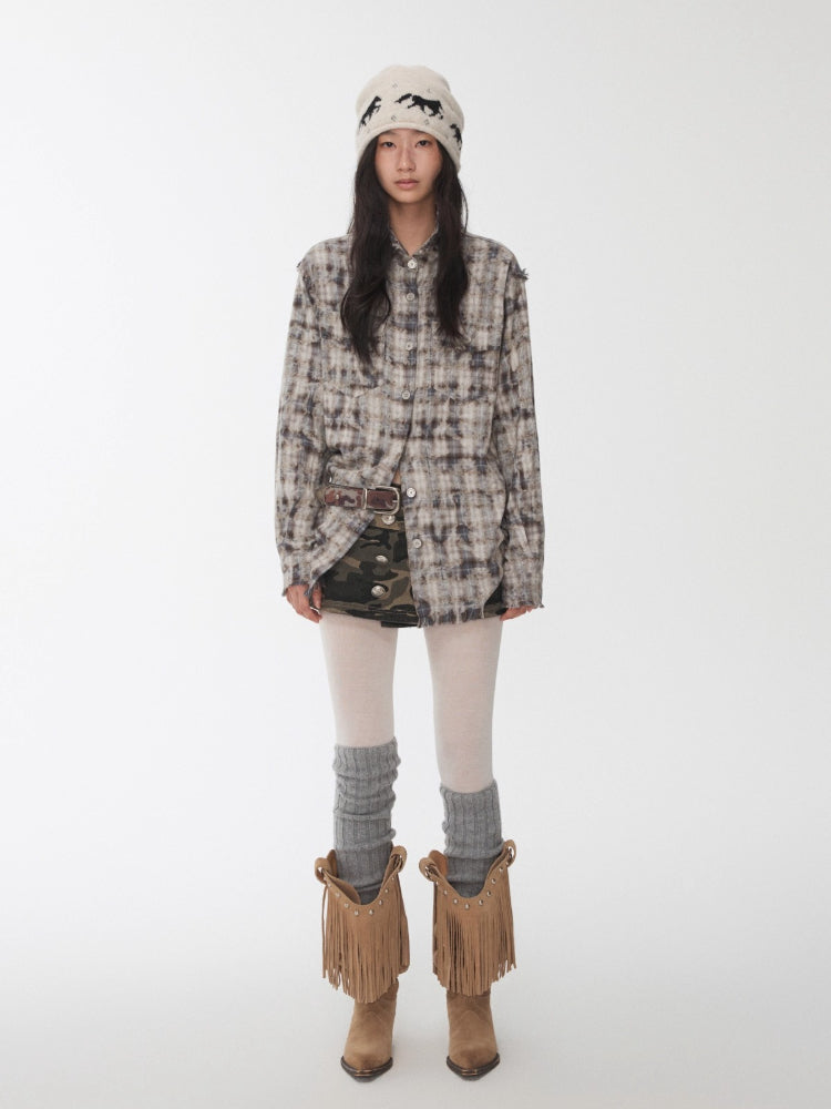 Washed Plaid Frayed-Edge Fitted Shirt