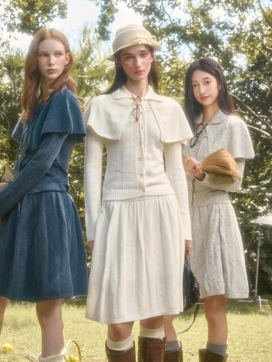 Snow Library Wool Knit Cape Cardigan &amp; Skirt Set